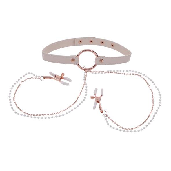 Sportsheets - S&M Peaches ‘N Creame Collar With Nipple Clamps Cream 7