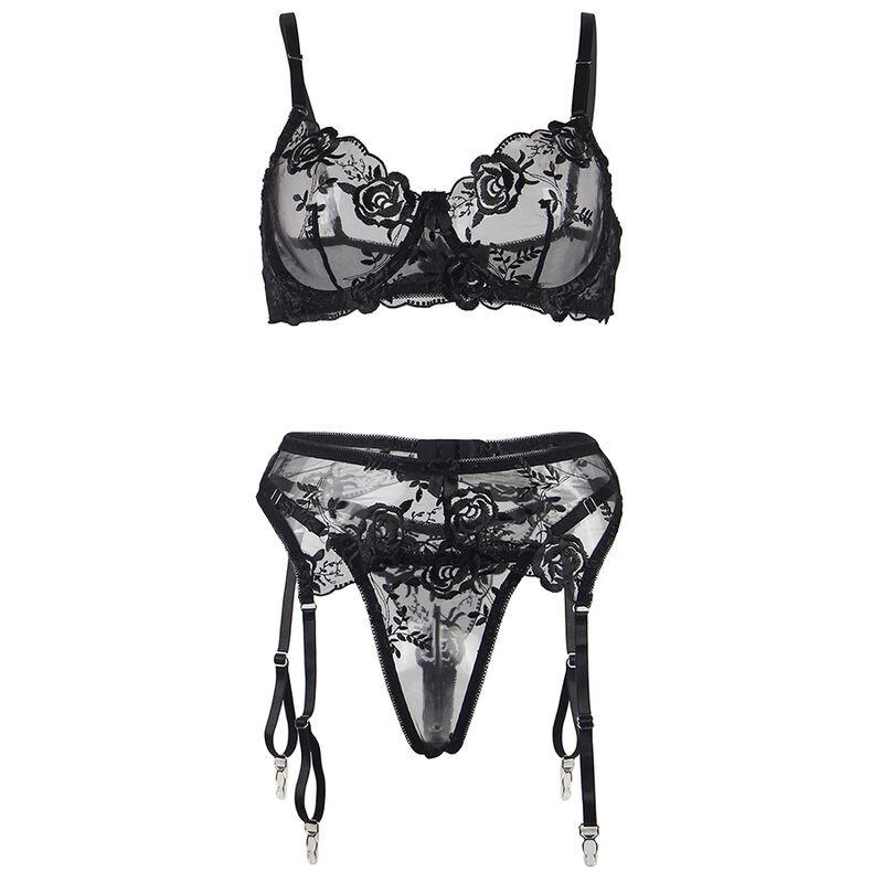 Subblime - 945237 bra + panties with garter belt floral design black s/m