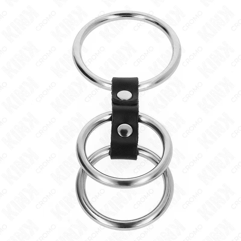 Kink - triple metal penis ring 3.7 cm to 5 cm connected with leather