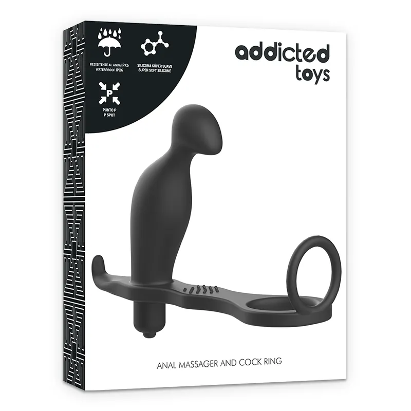 Addicted Toys Anal Massager And Cock Ring  Black - Masér Prostaty S Krúžkom