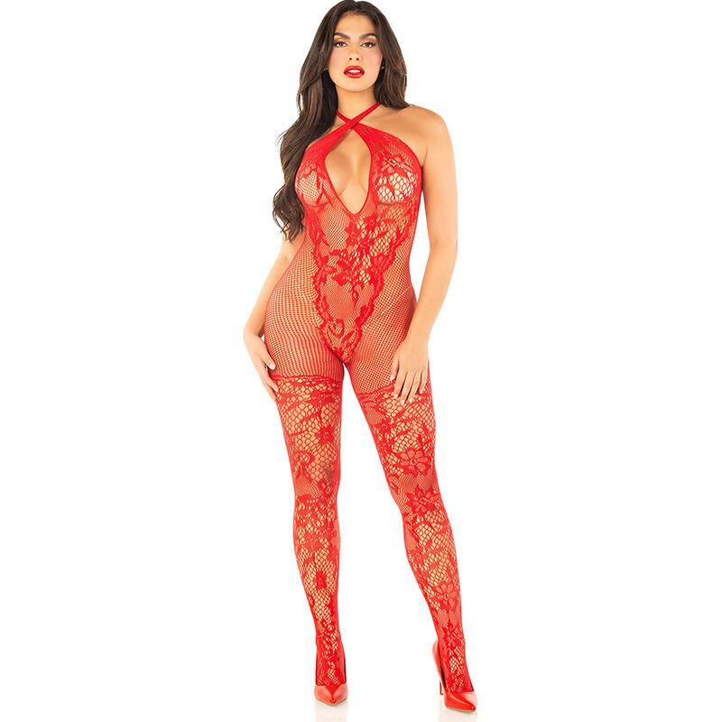 Leg avenue - flower print mesh bodystocking red one size