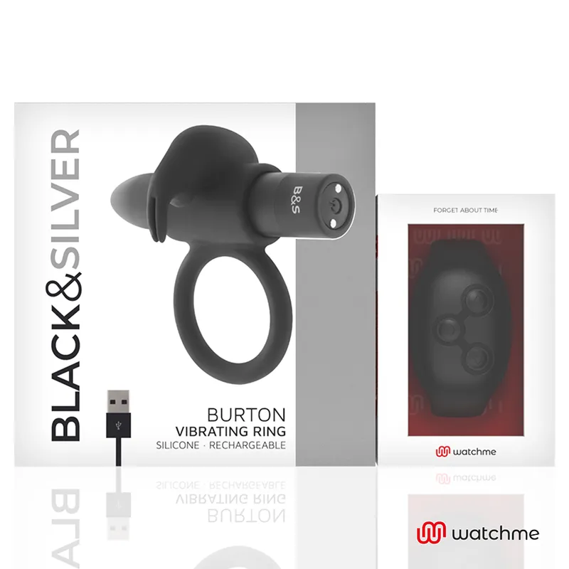 Black&Silver Burton Remote Control Cockring Watchme - Vibračný Krúžok