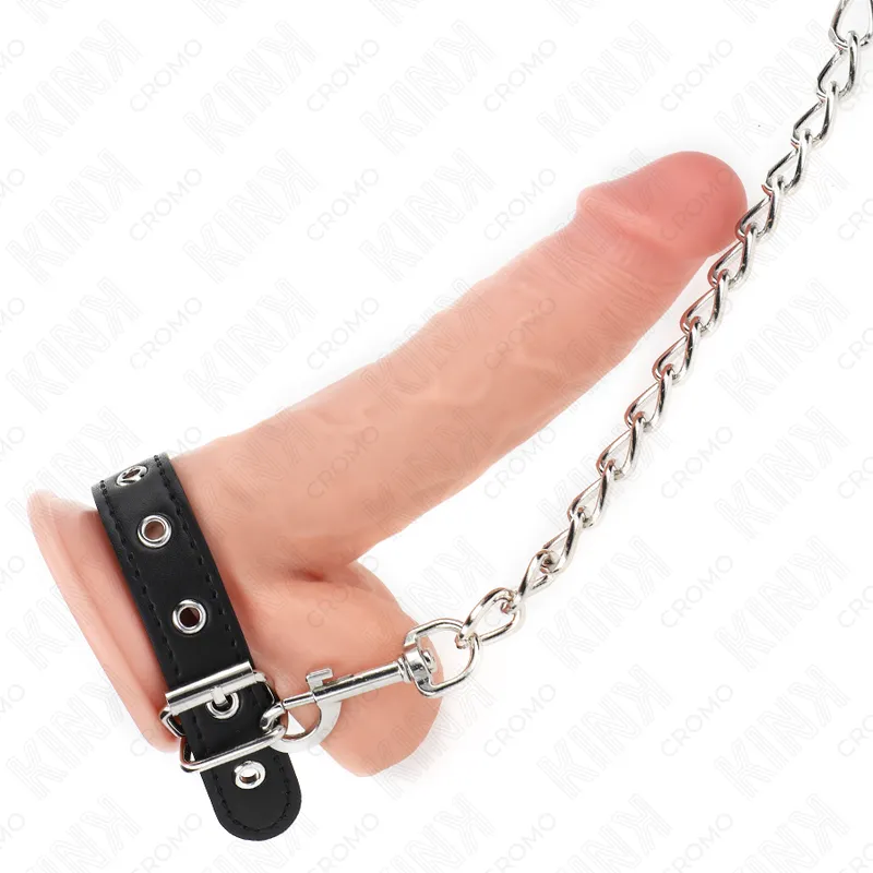 Kink - leather penis ring with strap 21.5 x 2 cm and metal chain 60 cm