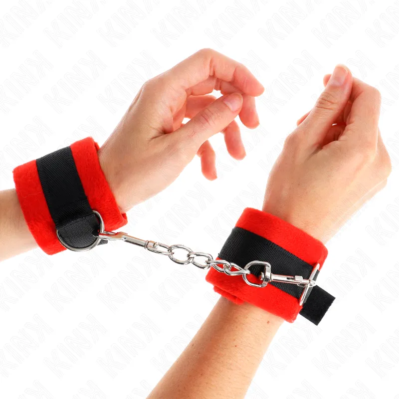 Kink - Beginner Fur Hand Cuffs Black-Red 30 X 7 Cm