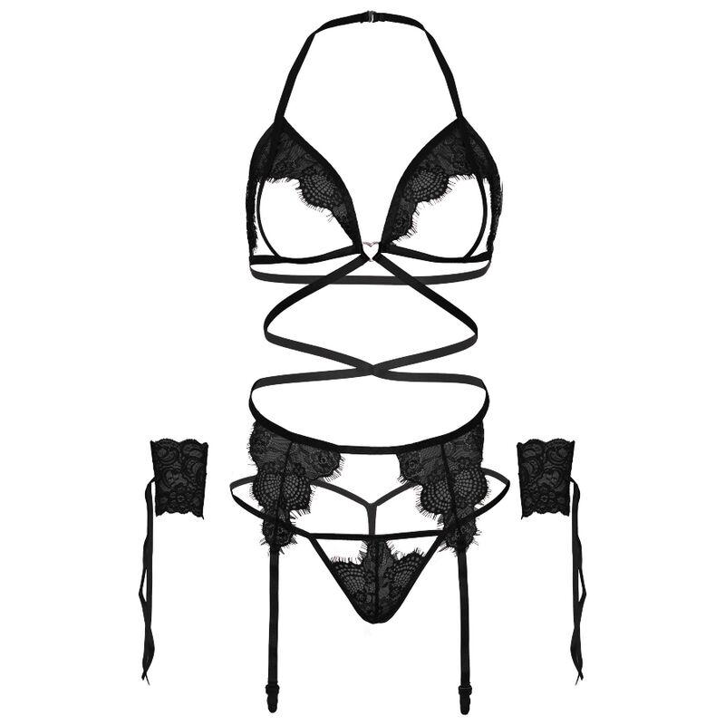 Leg Avenue Four Pieces Set Bra, G-String, Garter Belt & Wris 4