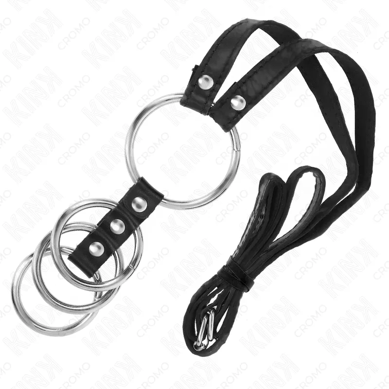 Kink - 4 connected metal penis rings 3.8 cm to 5 cm with leather belt 112 cm