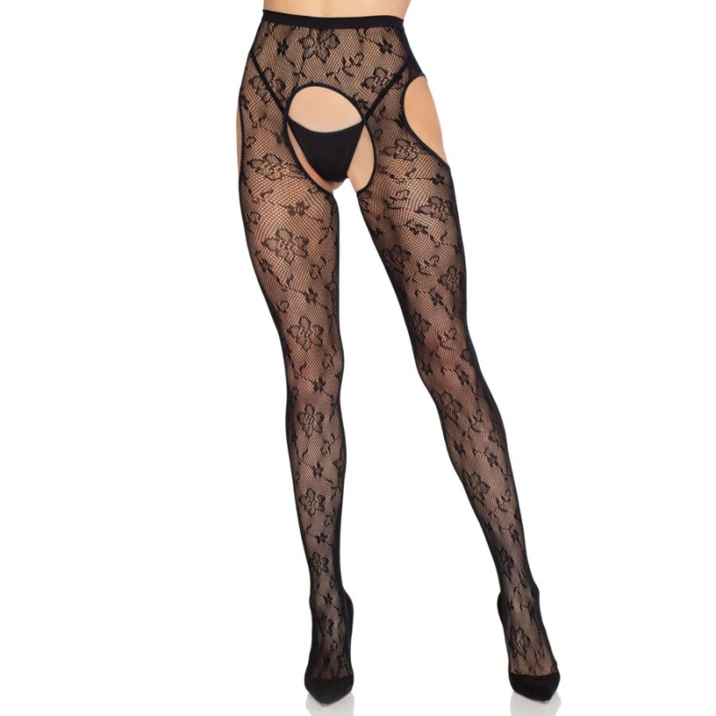 Leg avenue - 1967 bloom net suspender tights black - one size 3