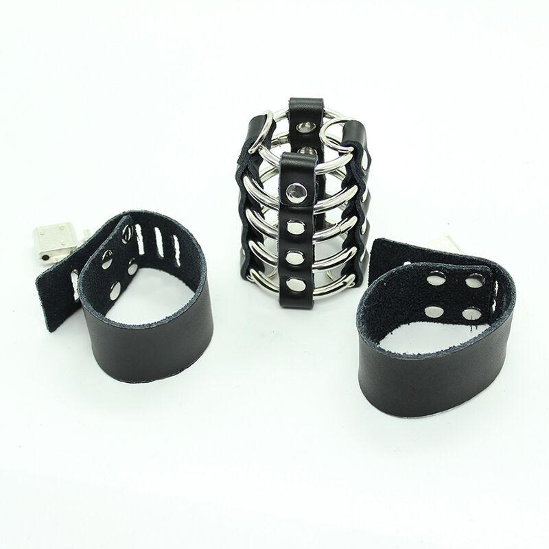 Ohmama Fetish Leather Strap Metal Ring Cock Cage With Ball D
