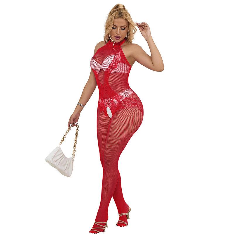 Subblime - 952372 fishnet and lace crotchless bodystocking with high neck red one size