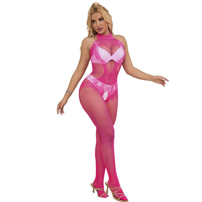 Subblime - 952389 fishnet and lace crotchless bodystocking with high neck pink one size