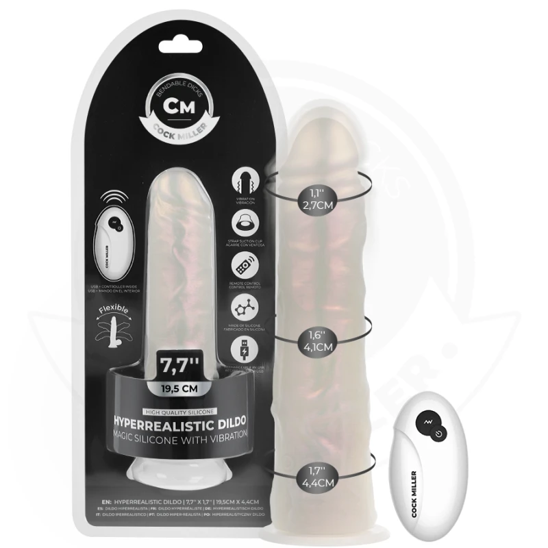 Cock miller - dildo with suction cup, lights and vibration with remote control white 19.5 cm