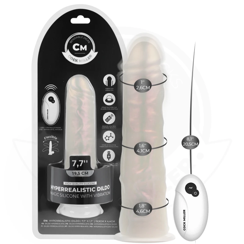 Cock miller - dildo with suction cup, lights and vibration with remote control white 20.5 cm