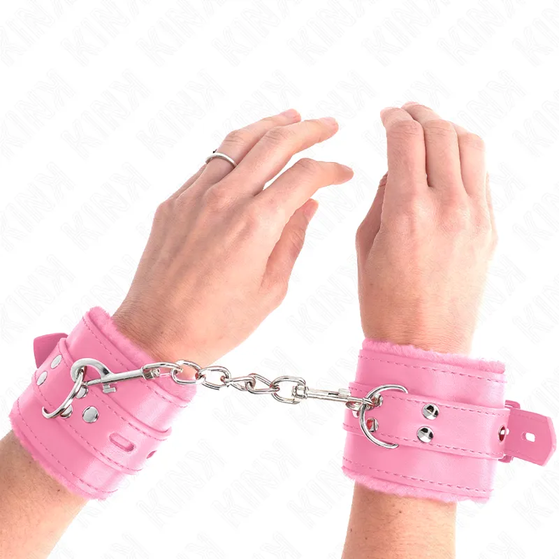 Kink - Fur Lined Wrist Restraints With Square Holes Pink And Pink Belt Adjustable 17-29 Cm