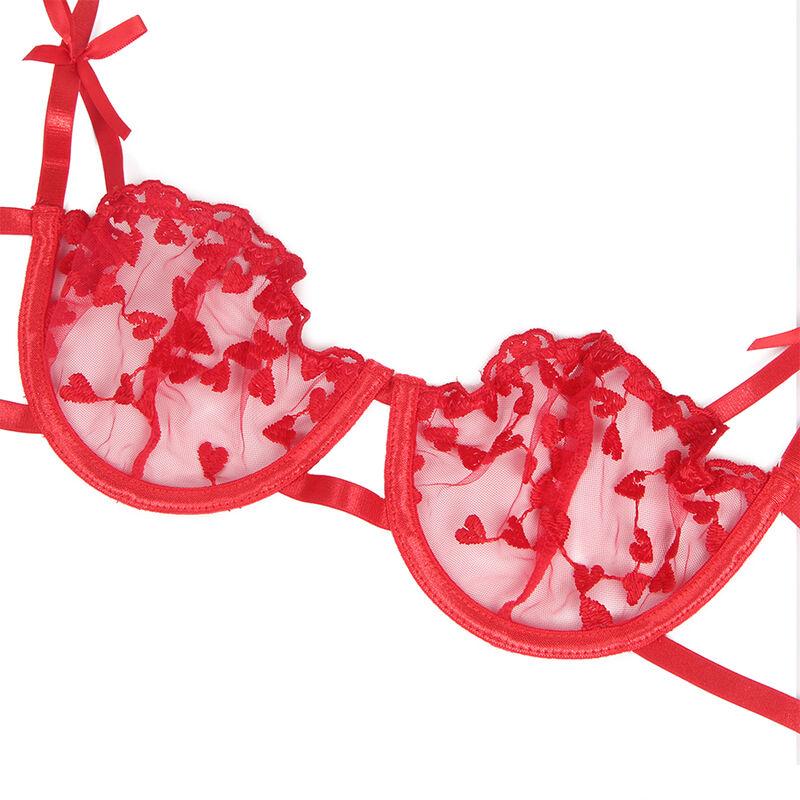 Subblime - 954321 heart print bra + thong + garter belt red s/m