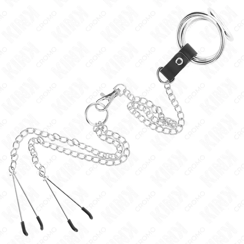 Kink - triple chrome metal penis ring 3.8 cm to 5 cm with 26 cm metal chain and nipple clamps model