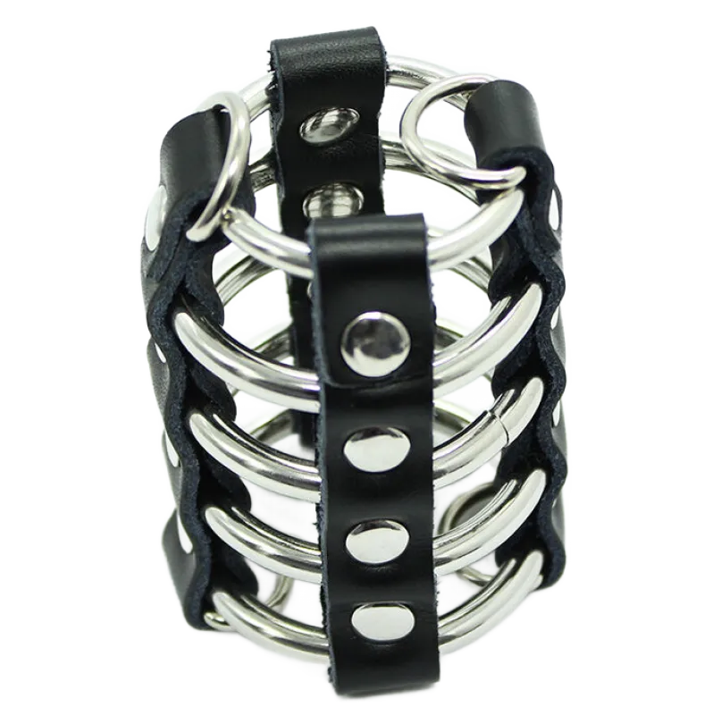Ohmama Fetish Leather Strap Metal Ring Cock Cage With Ball D