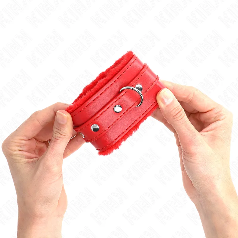Kink - Premium Fur Lined Wrist Restraints Red With Red Belt Adjustable 17-29 Cm X 6 Cm 2