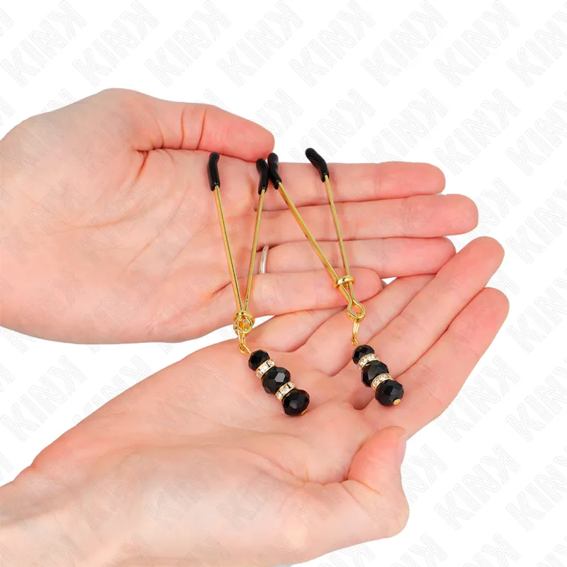 Kink - Gold Thin Nipple Clamps With 3 Black Glass Beads 7 Cm