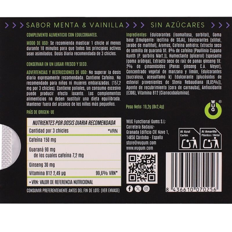 Wug on - functional caffeine & guarana gum mint & vanilla flavour blister 8 pcs 3