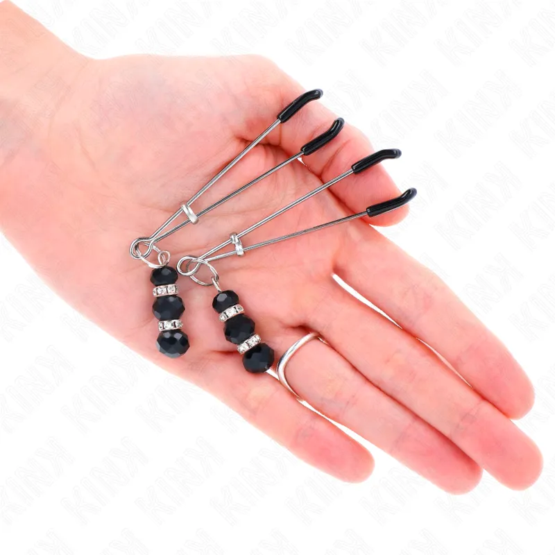 Kink - Gold Thin Nipple Clamps With 3 Black Glass Beads 7 Cm