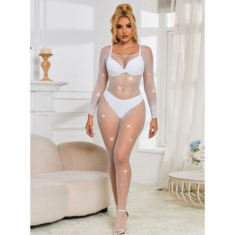 Subblime - 952396 fishnet bodystocking with diamonds long sleeve white one size