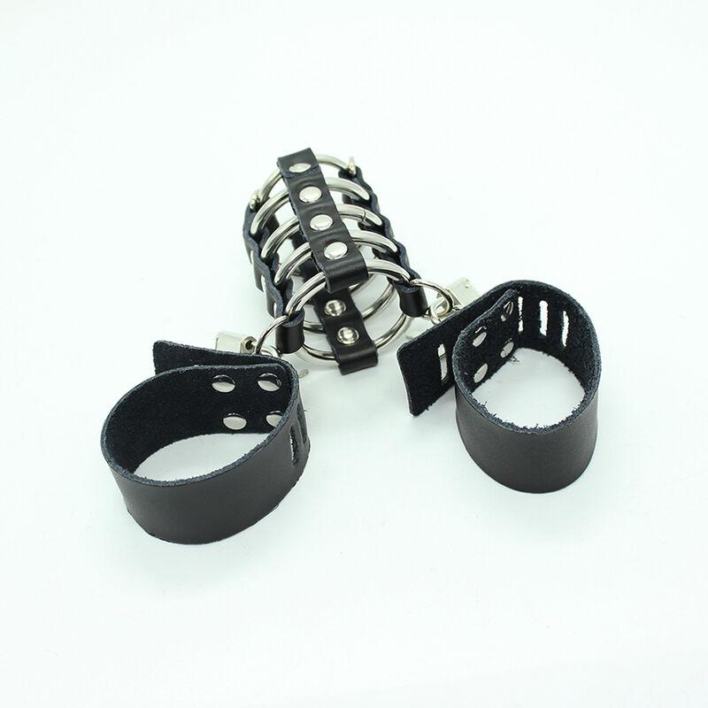 Ohmama Fetish Leather Strap Metal Ring Cock Cage With Ball D 3