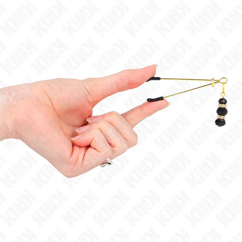 Kink - Gold Thin Nipple Clamps With 3 Black Glass Beads 7 Cm