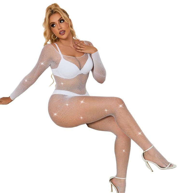 Subblime - 952396 fishnet bodystocking with diamonds long sleeve white one size