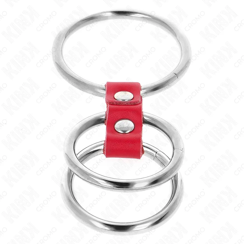 Kink - triple metal penis ring 3.7 cm to 5 cm connected with red leather