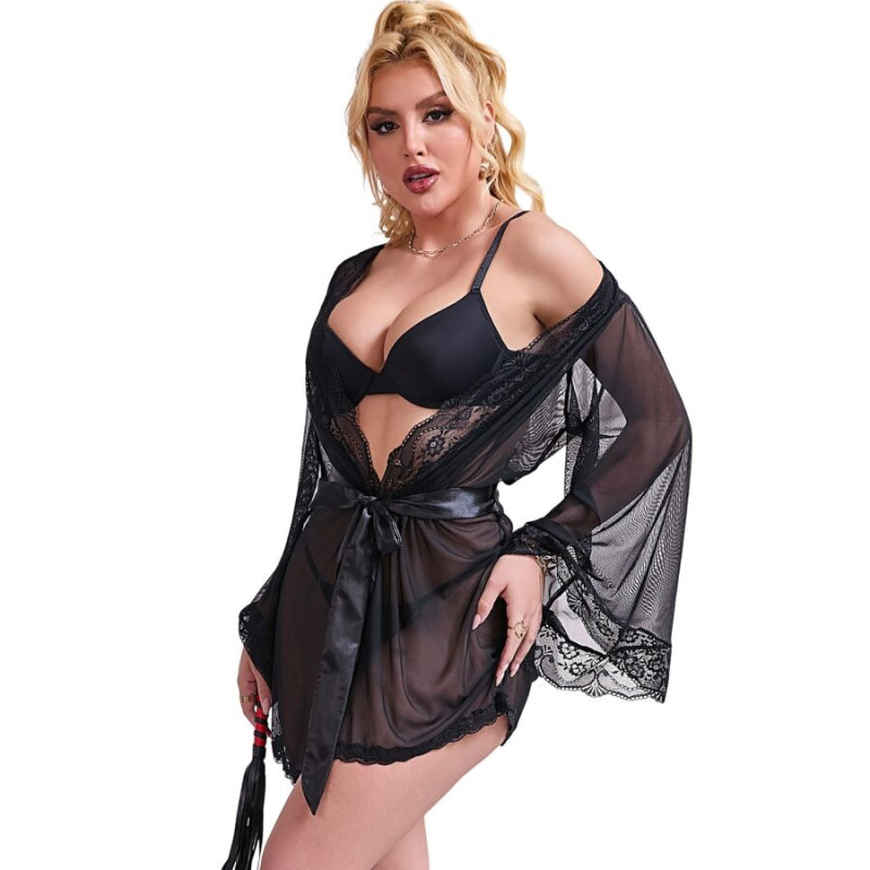 Subblime - Transparent Fabric Robe With Lace Detail Black L/XL 3