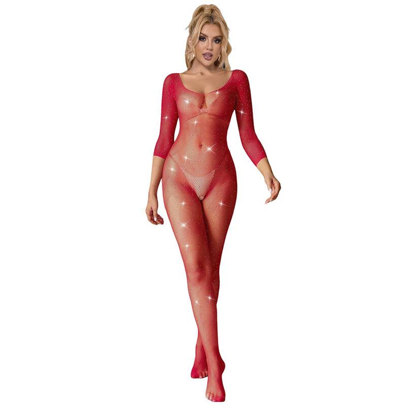 Subblime - 952419 fishnet bodystocking with diamonds long sleeve red one size