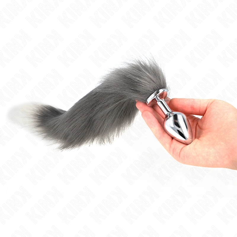 Kink - anal plug size m 8 x 3.5 cm with synthetic tail 40 cm grey and white