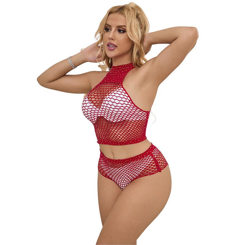 Subblime - 952402 bodystocking fishnet set with pink diamonds one size