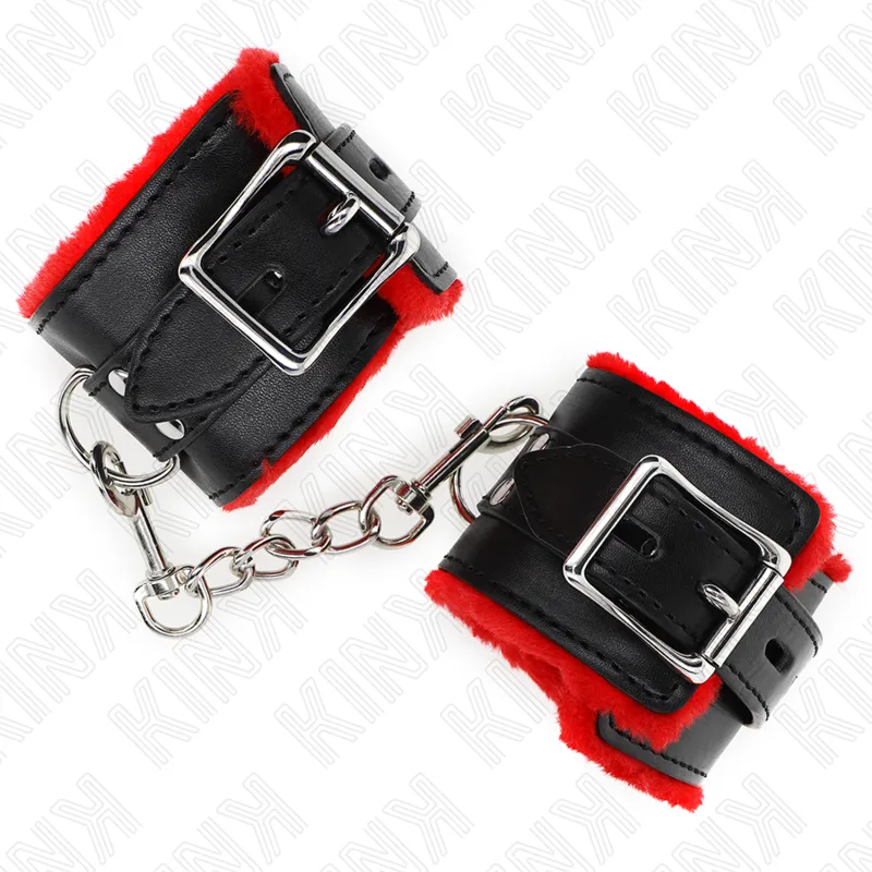 Kink - Fur Lined Wrist Restraints With Square Holes Red And Black Belt Adjustable 17-29 Cm