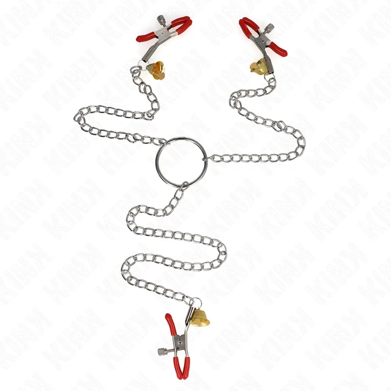 Kink - Bell Triple Nipple And Clit Clamps Red With Chain 30 Cm