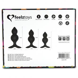 Feelztoys - Bibi Twin Butt Plug Set 3 Pcs Black - Sada Análnych Kolíkov